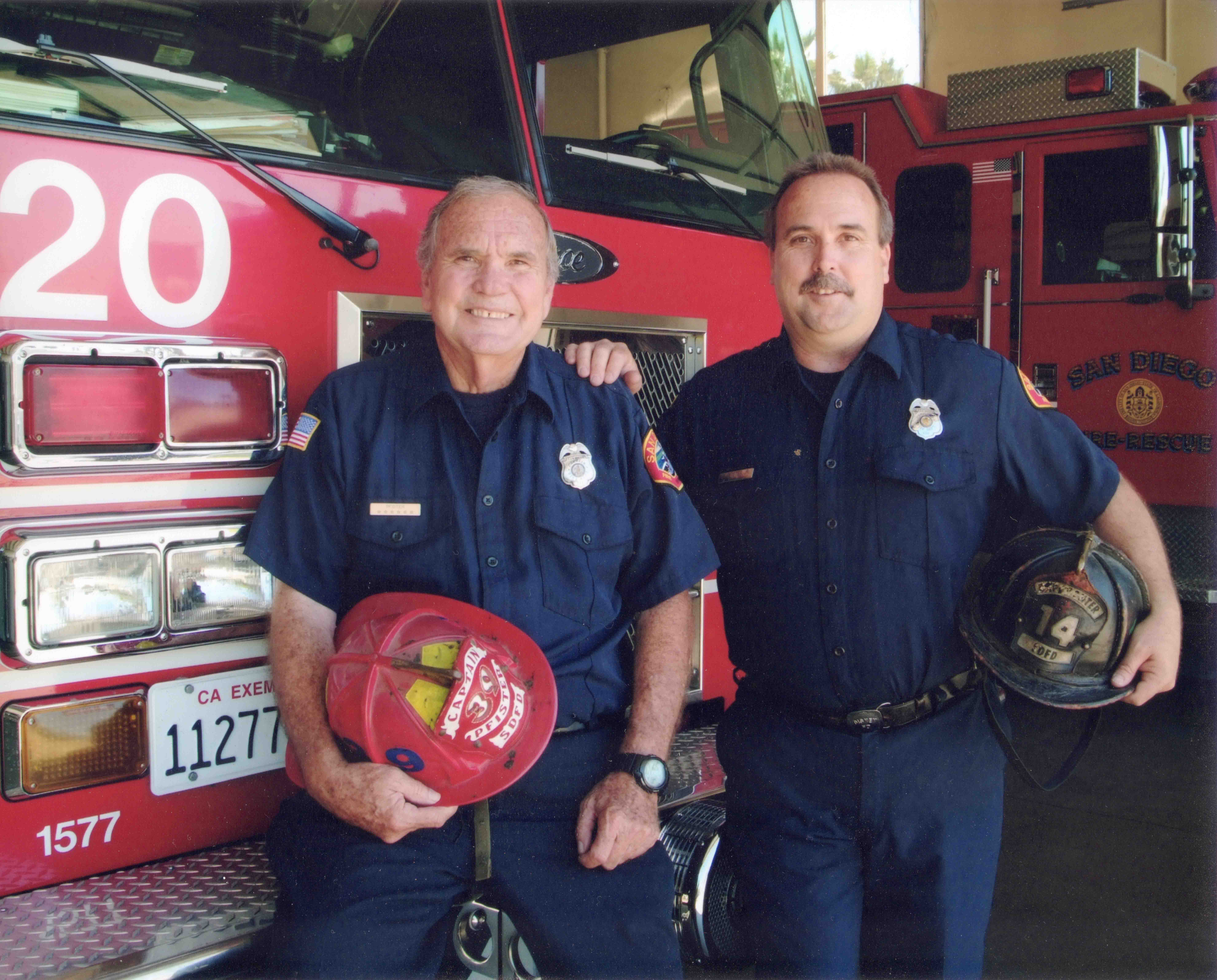 Jim with his son (also Jim, aka Jimmy), who is holding the helmet of Jim’s father, William. All three served on the San Diego Fire Department, creating a Pfister legacy that spanned 100 years. 