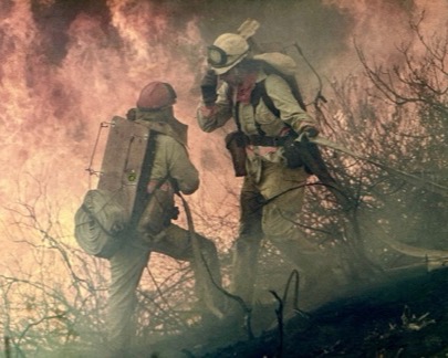 Two firefighters working a brush fire in heavy smoke.
